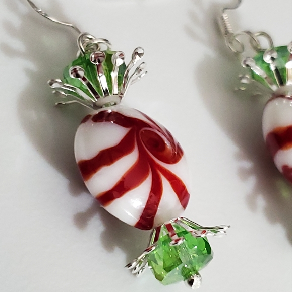 Glass lampwork candy peppermint earrings swavorski crystal 925 sterling silver - Picture 4 of 13